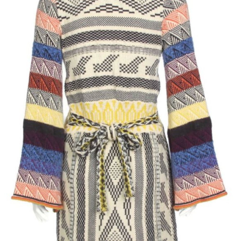 Free People Wool/Alpaca Patchwork Sweater Bell Sleeve Knit  Dress Multicolor EUC